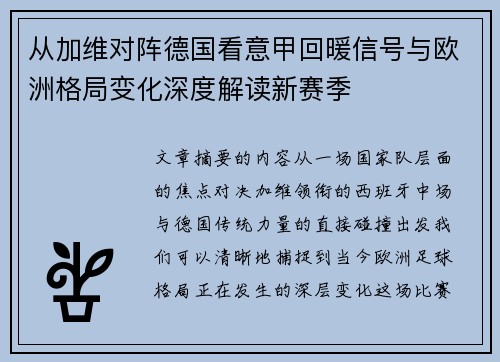 从加维对阵德国看意甲回暖信号与欧洲格局变化深度解读新赛季